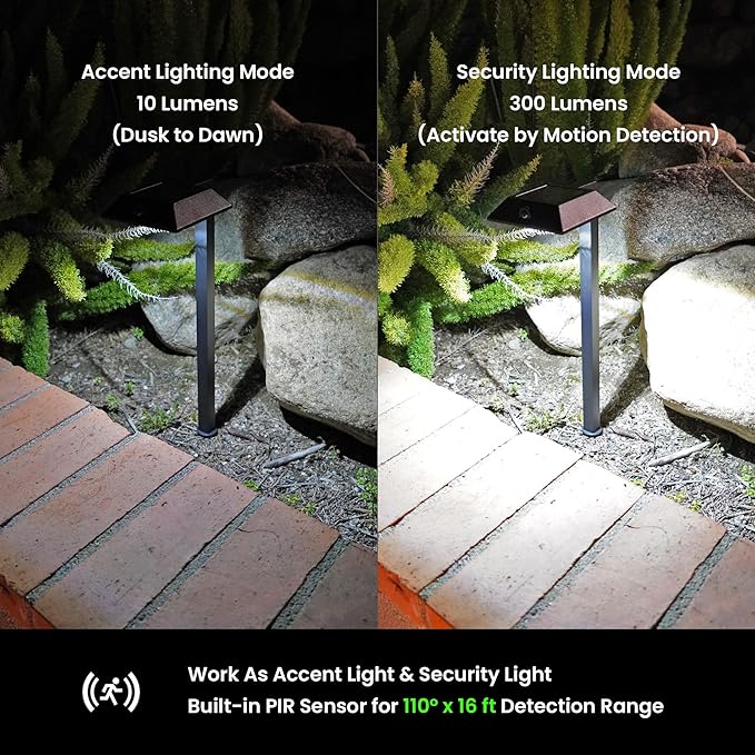 Mesh Linkable Series 4-Pack Solar LED Security Pathway Light w/ LiFePO4 Battery 300LM Auto-linking 110°x16 ft Motion Detection CCT 3000K/4000K/5000K 4-Channel Settings Stainless Steel Bronze