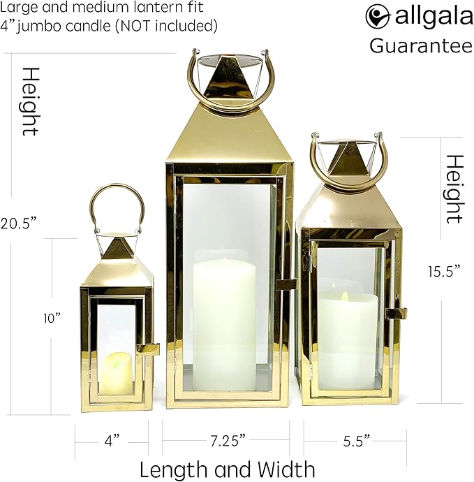 Allgala 3-PC Lantern Set 24 Inch Jumbo Deluxe Modern Indoor/Outdoor Candle Lantern Set Gold Stainless Steel Frame Tempered Glass Pyramid Top for Garden Poolside Fireplace Wedding