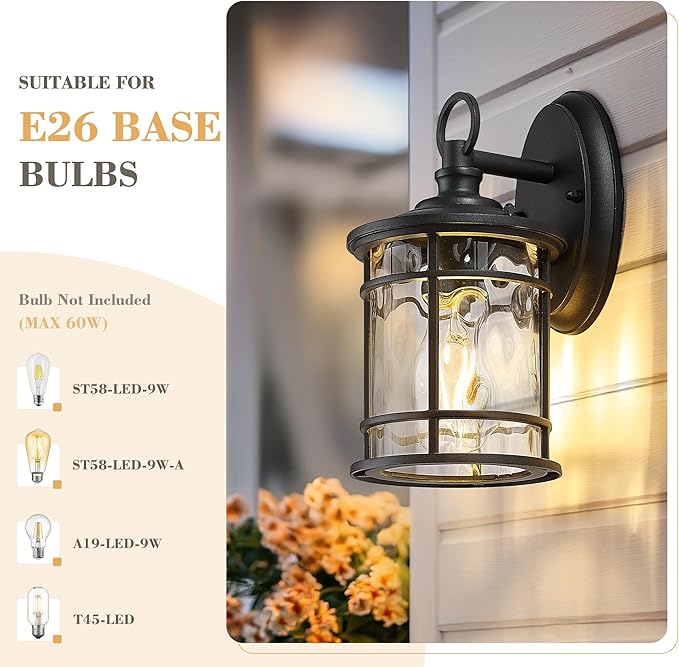 Emliviar 2 Pack Exterior Wall Sconce Light Anti-Rust Outdoor Lanterns Wall Lamps Farmhouse Patio Lightings with E26 Socket &amp Water Ripple Glass Black Finish XE229BS-2PK BK-WG