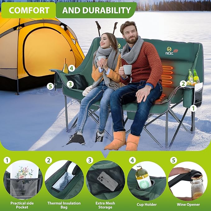 Nice C Heated Camping Chair with Battery Heated Double Camping Couch Oversized Thick Padded Loveseat Heated Camping Chair for Adults with Cooler Bag Bottle Opener Power Bank (Green)
