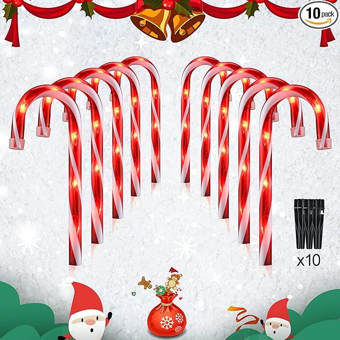 10 Christmas Candy Cane Lights - Set of 10 Pathway Markers Christmas Outdoor Yard Decorations Xmas Candy Cane Stake Lights for Lawn Walkway Garden Xmas Party Indoor Ornaments