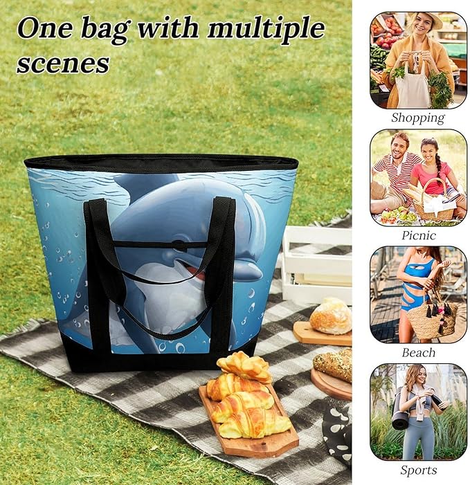 Insulated Shopping BagLarge Reusable Cooler Bags Baby Dolphin Printed Foldable Shopping BagTravel Waterproof Shoulder Bag