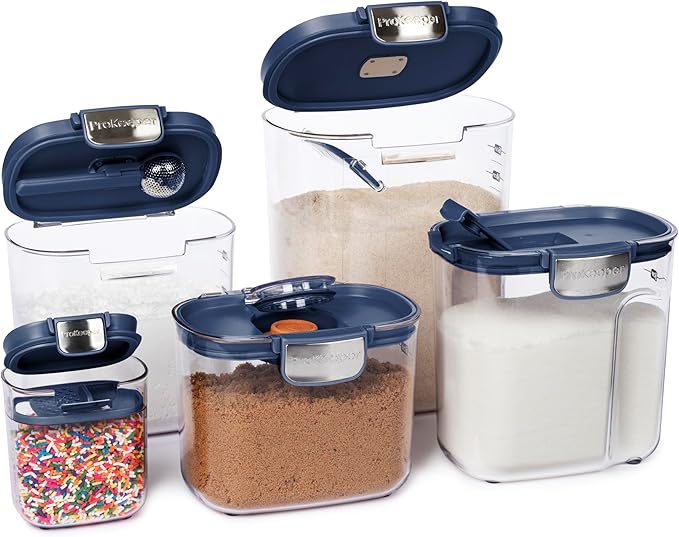 ProKeeper+ Airtight Food Storage Container Set – Clear Plastic Flour and Sugar Canister Set with Magnetic Accessories for Kitchen Organization (Navy 9-Piece)