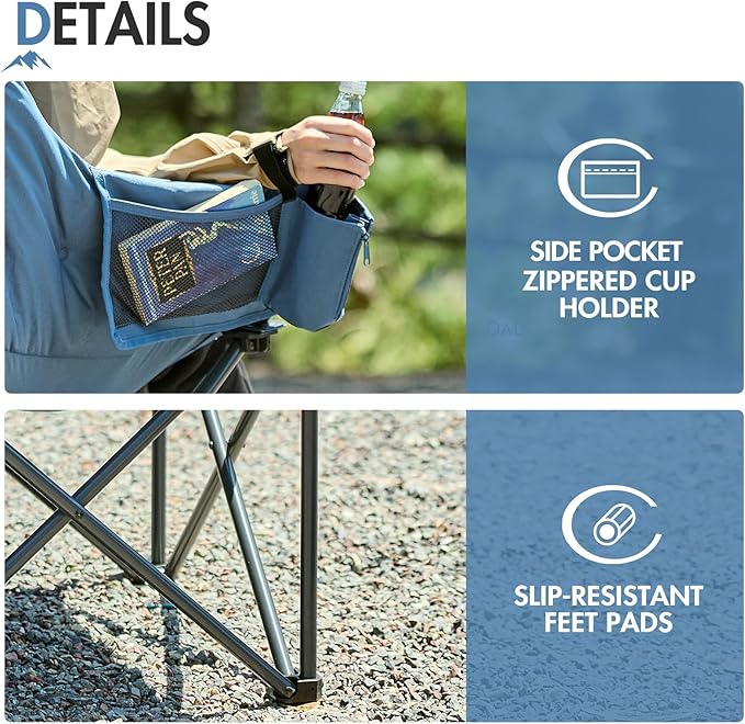 Portal Oversized Padded Camping Chair - Heavy Duty Folding Chair with Cup Holder &amp Side Pocket Supports 350 lbs for Camping Lawn Sports Blue