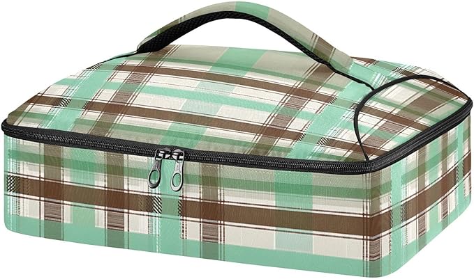 Casserole Carrier Green and Brown Tartan Pattern Insulated Casserole Carrier for Hot or Cold Food Thermal Lunch Tote for Parties Picnic Travel Carry Bag
