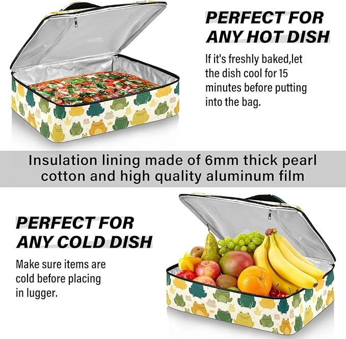 Casserole Carrier Cute Cartoon Frog PatternInsulated Casserole Carrier for Hot or Cold Food Thermal Lunch Tote for Potluck Parties Picnic Beach Fits 9 x 13 Inches Baking Dish