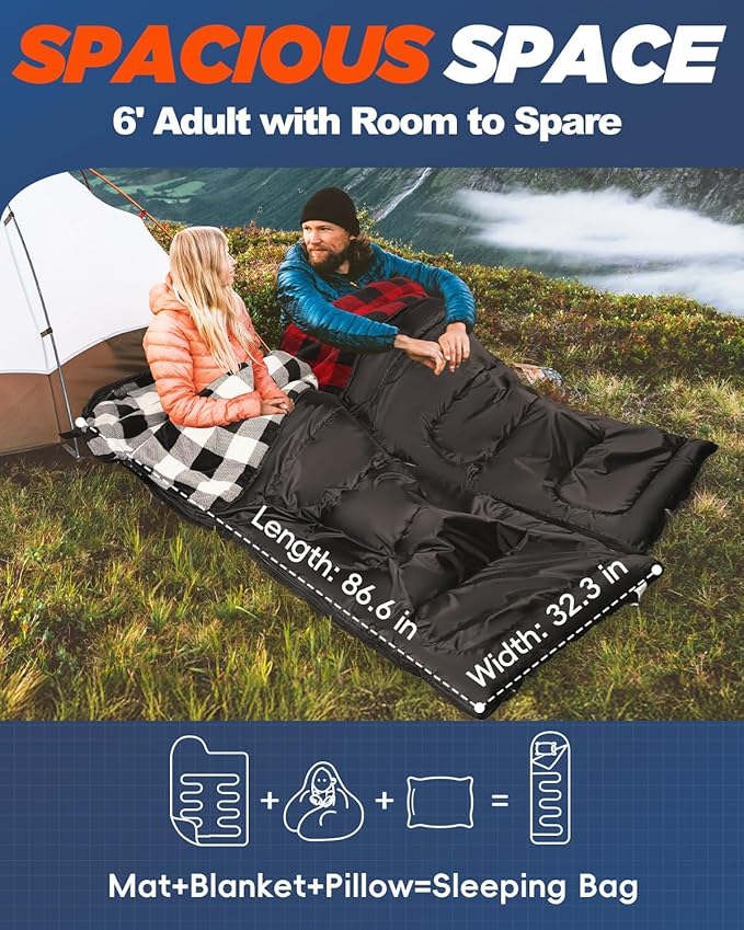 MEREZA Flannel Sleeping Bag for Adults Mens with Pillow XL Cold Weather Sleeping Bag for 30 Degree 4 Season Camping Large Big and Tall Sleeping Bags with Compression Sack