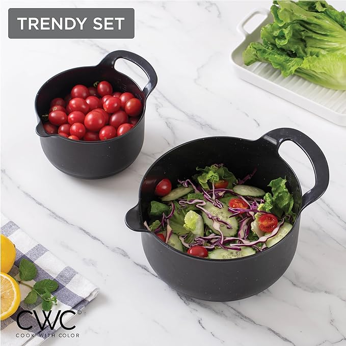 COOK WITH COLOR Nesting Plastic Mixing Bowl Set with Pour Spouts and Handles Black Speckled 4 Piece Non-Slip