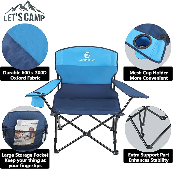 LET'S CAMP Folding Camping Chair Portable Blue Steel Frame 250LBS Outdoor Casual Reclining 1 Position 12.59 Seat Height 33.46 Backrest Width 18.11D x 20.07W x 27.55H in Camping