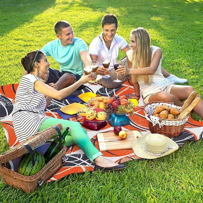 Waterproof Sandproof Beach Blanket 59''×68'' Basketball Polyester Outdoor Picnic Blanket with 4 Stakes &amp Storage Bag for BeachCampingVacation Orange