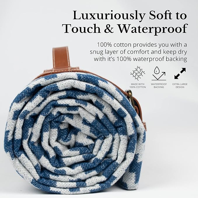 Komorebi Extra Large Picnic Blanket - 78” x 59” - Waterproof Outdoor Blanket Foldable &amp Portable Sandproof Beach Blanket - Blue Travel Mat with Soft Cotton &amp Carry Handle