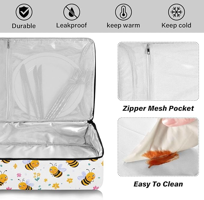 Casserole Carrier Cute Pattern Bees and FlowersInsulated Casserole Carrier for Hot or Cold Food Thermal Lunch Tote for Potluck Parties Picnic Beach Fits 9 x 13 Inches Baking Dish
