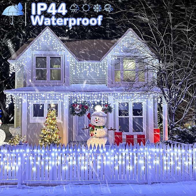 99ft 1216LED Icicle Lights for Outside White Christmas Lights for House Patio Yard Porch Backyard Holiday Garden Xmas Exterior Decoration Waterproof Twinkle Cluster Light Hanging Light All Year
