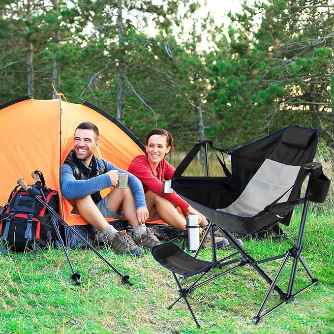 DORTALA Swinging Hammock Chairs for Camping Rocking Camp Chair w/Retractable Footrest Folding Camping Chair for Adults Great for Camping Fishing Picnic Carrying Bag Included Pack of 1 Black