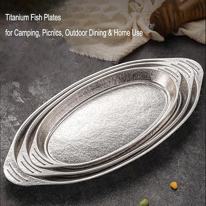 Titanium Fish Plates Oval Serving Dishes Large Capacity Dual-Ear Design Extra-Thick Flat Bottom Perfect for Camping Picnics Outdoor Dining &amp Home Use (L)