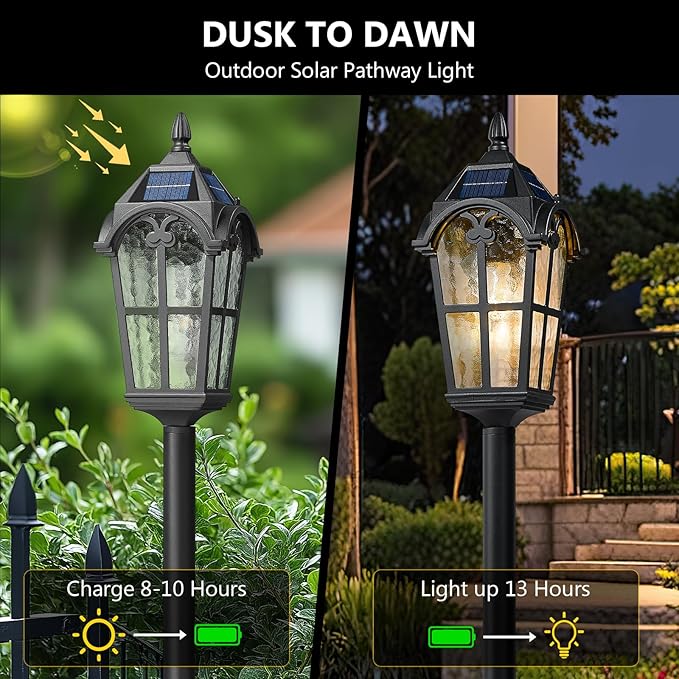 Emliviar Solar Pathway Light with Water Grain Glass Shade 46 Inch Classic Post Lamp with Round Base in Black Finish Portable Floor Lamp for Outdoor Travel LED Bulb Included YXE302PL-ML SL BK