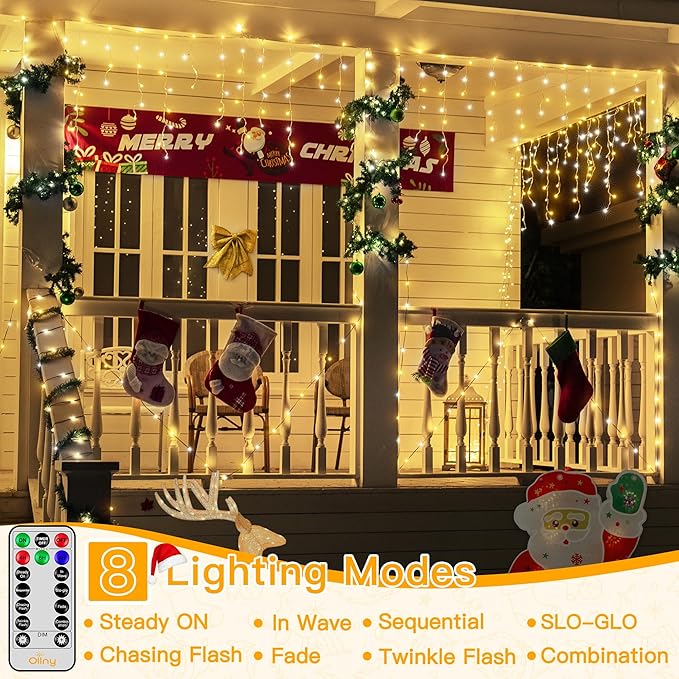 Ollny Icicle Lights for Outside 504LED 41FT Warm and Cool White Christmas Light with Remote 8Modes Timers Waterproof Plug in Connectable Hanging Lights for Outdoor Indoor House Roof Holiday