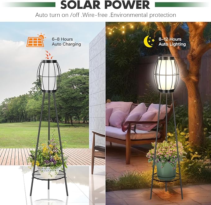 2 Pack Solar Lights Outdoor with Plant Stands Solar Floor Lamps Black Metal Tripod Deck Lights Patio Decor for Garden Yard Pathway Driveway Porch