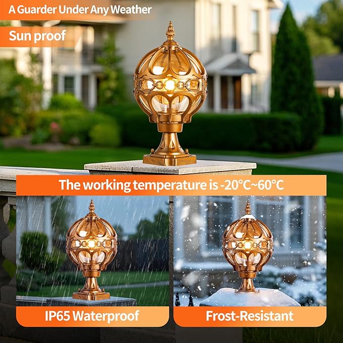 2Pack Dusk to Dawn Gold Outdoor Post Lights Exterior Waterproof Rustproof Sphere Outside Post Lamps Fixture Farmhouse Aluminum Pillar Lantern for Porch House Pathway Fence Yard Garden Patio