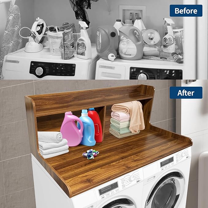 2 Tier Washer Dryer Countertop with Shelf54x27.5in Waterproof Wood Organizer Rack with StorageSpace-Saving Leader for Laundry RoomWalnut