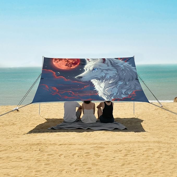ALAZA Wolf Red Moon Starry Sky Beach Tent Sun Shelter UPF50+ Protection Beach Shade Canopy w/ 4 Sandbags for Outdoor Camping Fishing Backyard Fun Picnic 10x9 ft