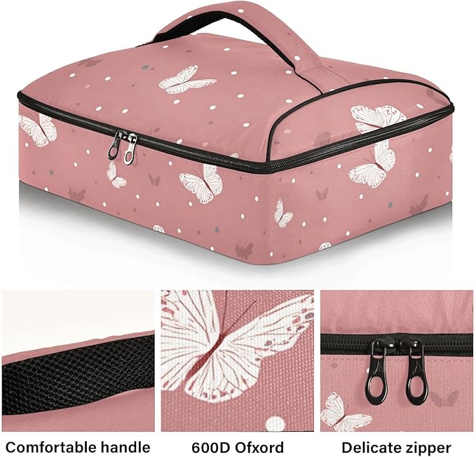 Casserole Carrier Beautiful Pattern Pinkish ButterfliesInsulated Casserole Carrier for Hot or Cold Food Thermal Lunch Tote for Potluck Parties Picnic Beach Fits 9 x 13 Inches Baking Dish