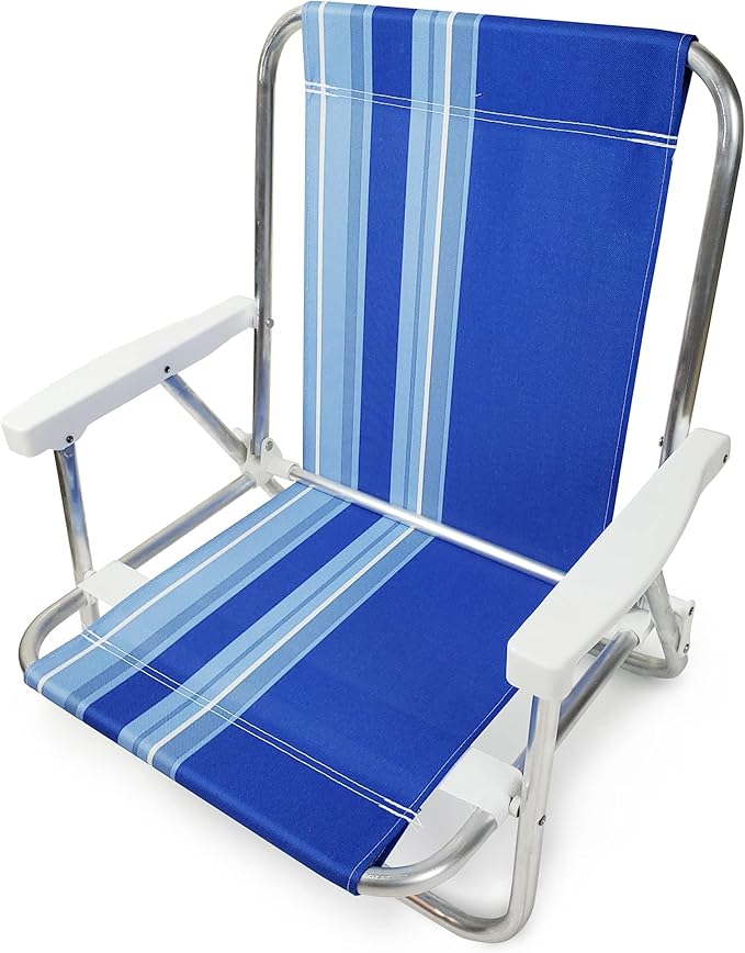 Beachland 1 Position Aluminum Folding Sand Chair with Armrests - Lightweight Beach Chair - Small and Portable (1 Blue Stripes)