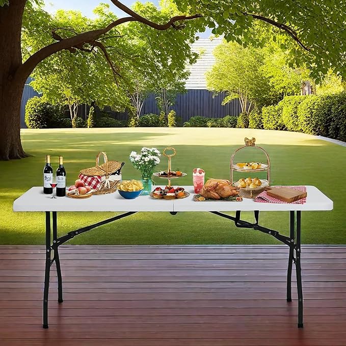 6ft Folding Table - Heavy Duty Portable 6 Foot Plastic Table with Fold-in-Half Design &amp Carry Handle Indoor Outdoor Utility Table for Dining Camping Parties Picnics Tailgating (6FT White)