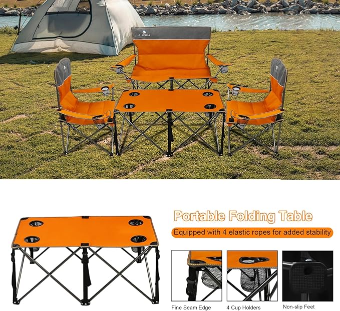 CAMPHILL Camping Chair Set of 3 Outdoor Folding Camping Chairs for Heavy People with Cup Holder &amp Carry BagCollapsible Chair Include One Sofa Chair and Two Single ChairSupport up to 500lbs