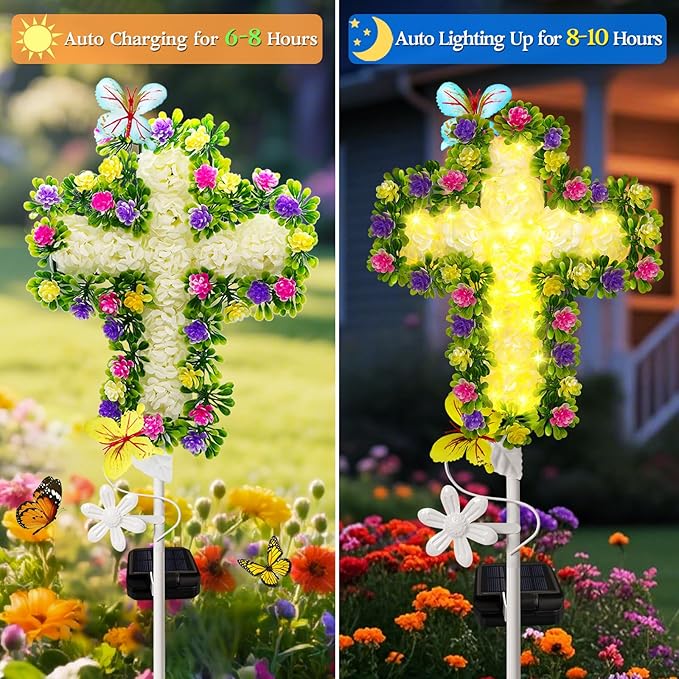 2 Pack Solar Flower Cross for Cemetery Grave Grave Decorations for Cemetery Solar Crosses Sympathy Memorial Gifts for Garden Lawn Yard Patio Decor