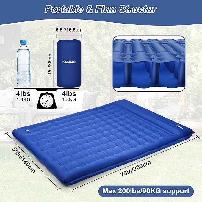 KASIMO Double Sleeping Pad for Camping5 Ultra-Thick 1.4x2M for 2 Person with Pillow Built-in Foot Pump Inflatable Sleeping Mat for Backpacking Hiking Traveling Tent Portable Camping Mat