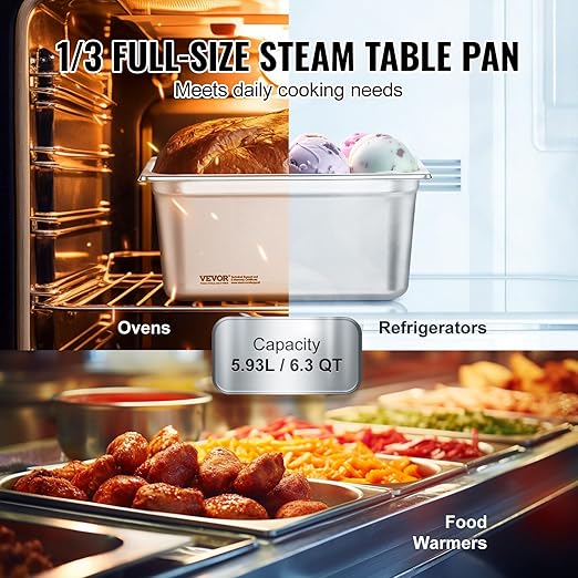 VEVOR 8 Pack Hotel Pans with Lids 1/3 Size Anti-Jam Steam Pan 0.8mm Thick Stainless Steel Steam Table Pan 6-Inch Deep Commercial Table Pan Catering Storage Food Pan for Industrial &amp Scientifi
