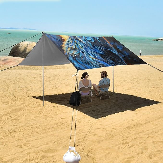 ALAZA Howling Wolf Fire Painting Beach Tent Sun Shelter UPF50+ Protection Beach Shade Canopy w/ 4 Sandbags for Outdoor Camping Fishing Backyard Fun Picnic 10x9 ft