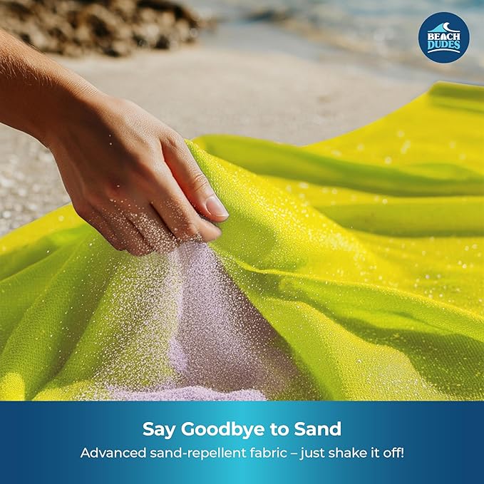 Sunny Day Oversized Beach Blanket - 108x84 XL Sandproof Water-Resistant Picnic Mat | Lightweight Ripstop Nylon for Travel &amp Camping | Includes 4 Stakes and Carry Bag