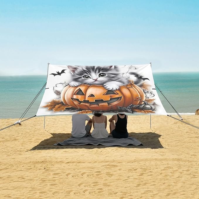 ALAZA Pumpkin Cat Bat Halloween Beach Tent Sun Shelter UPF50+ Protection Beach Shade Canopy w/ 4 Sandbags for Outdoor Camping Fishing Backyard Fun Picnic 10x9 ft