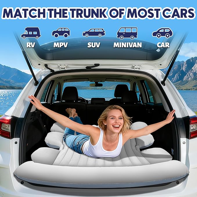 SUV Air Mattress with Air PumpThickened Camping Bed with 2 PillowsPortable Car Air MattressQuick Easy Set-UpInflatable Bed for carDurability Car Bed for SUVHomeTravelCamping(GreyWhite)