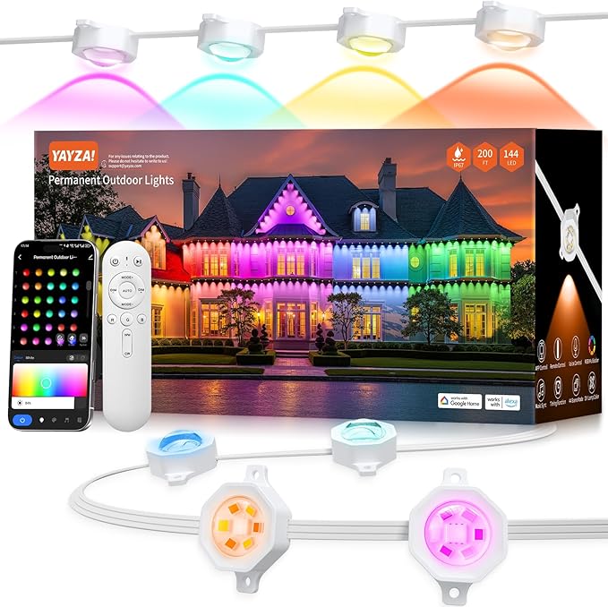 YAYZA! Permanent Outdoor Lights Pro 200ft 144 LED 135lm Smart RGB+IC+Warm/Cool White Christmas Eave Lights Music Sync&ampDIY Scenes IP67 Waterproof for Outside Decor Works with AlexaGoogle Assist