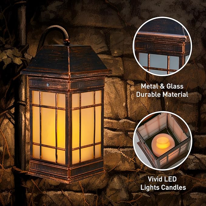 15.5 Solar Lantern Outdoor Waterproof Glass Flickering Flame Solar Lanterns Hanging Metal Lantern Decorative for Patio Front Porch Garden Backyard Tabletop Mothers Day Gifts Mom