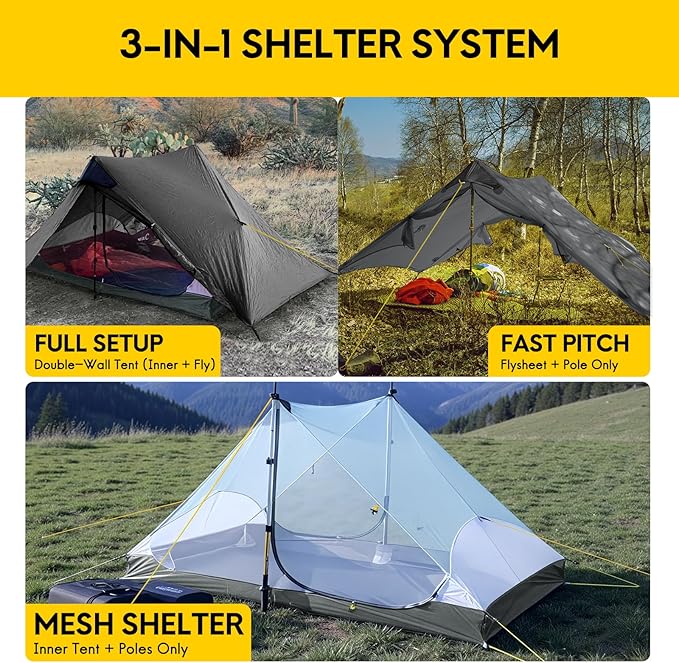 LANSHAN Ultralight Tent 3-Season Backpacking Tent for 1-Person or 2-Person Camping Trekking Kayaking Climbing Hiking