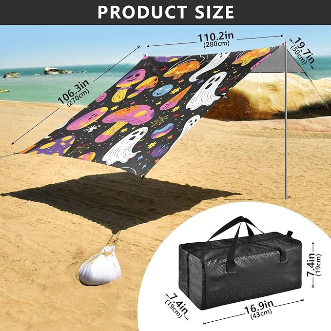 ALAZA Halloween Ghosts Mushrooms Beach Tent Sun Shelter UPF50+ Protection Beach Shade Canopy w/ 4 Sandbags for Outdoor Camping Fishing Backyard Fun Picnic 10x9 ft