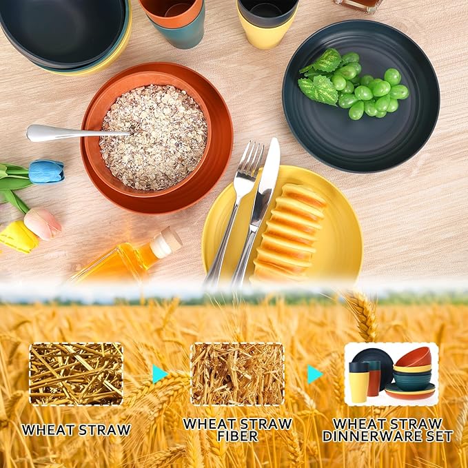 32-Piece Wheat Straw Dinnerware Set Unbreakable Portable Camping Mess Kit with Plates &amp Bowls Dishwasher &amp Microwave Safe for Family Picnics &amp Travel (Colorful)