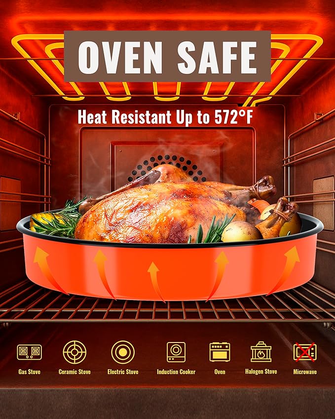 Round Enamel Roasting Pan Set Bakeware 4 Pack Cake Pizza Baking Dish 9/10/12/14 Inch Non-Stick Heat Resistance Chicken Roaster Oven Dishwasher Safe Valentine Mother's Day Gift Cookware
