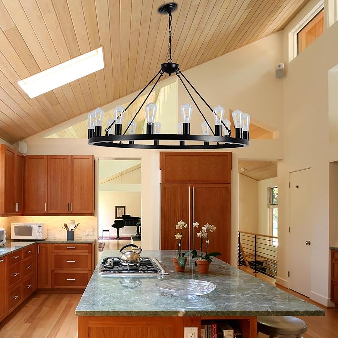 40 Black Wagon Wheel ChandelierE26 16-Light Large Round Rustic Farmhouse Chandelier Industrial Pendant Light Fixtures for Dining Room Living Room Kitchen Island Entryway Foyer