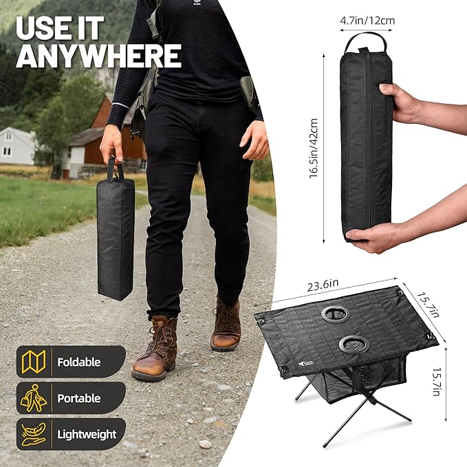 ZUNE LOTOO Portable Camping Table Folding Small Beach Table Foldable with Drink Holder &amp Mesh Storage &amp Carry Bag Compact Camp Tent Side Table for Picnic Tailgate Travel Outdoor Fishing Backp