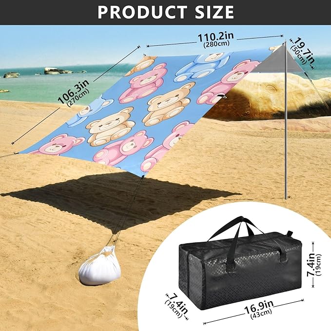 Seamless Teddy Bear Camping Sun Shelter Beach Tent Portable Beach Sun Shade Outdoor Canopy for Camping Trips Fishing Picnic