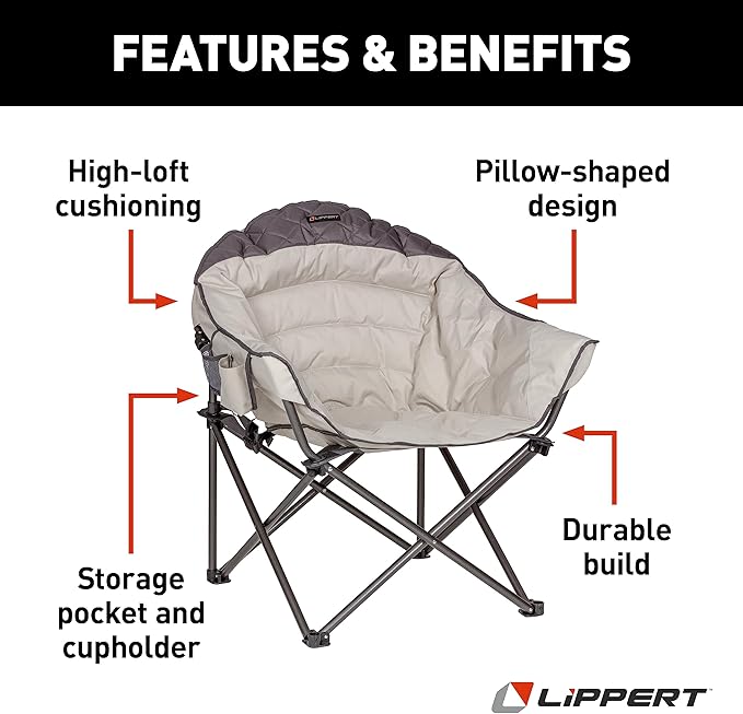 Lippert Big Bear Duotone Camping Chair - Sand with Dark Grey Accent Comfortable Round Shape Oversized Pillow Cushions Powder Coated Steel 600D Polyester Fabric 300 lb. Capacity 2022114816