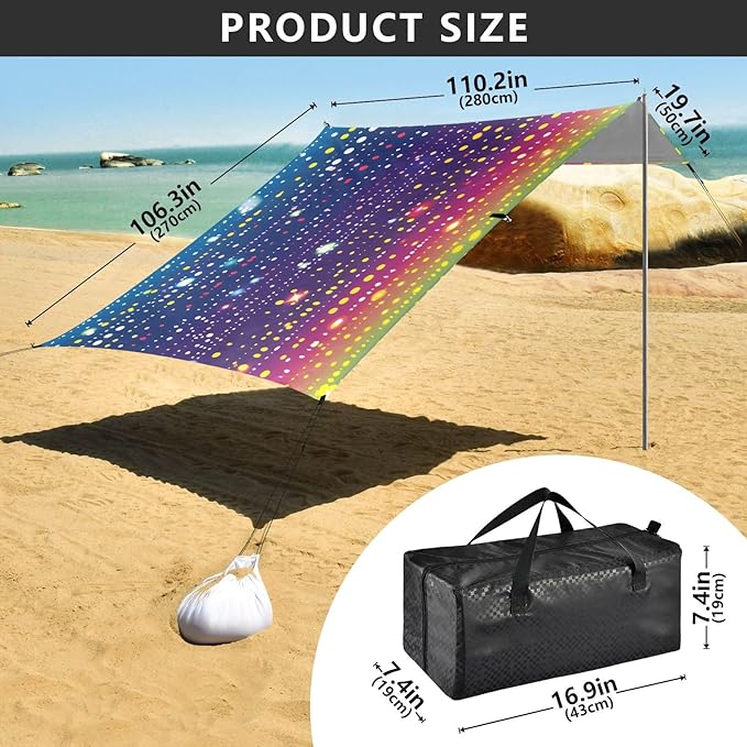 Bolaz Beach Canopy Tent Sun Shade9'×10.5' Large Family Beach Shade UPF50+- Outdoor Shade for Camping Trips FishingDots Rainbow Pattern