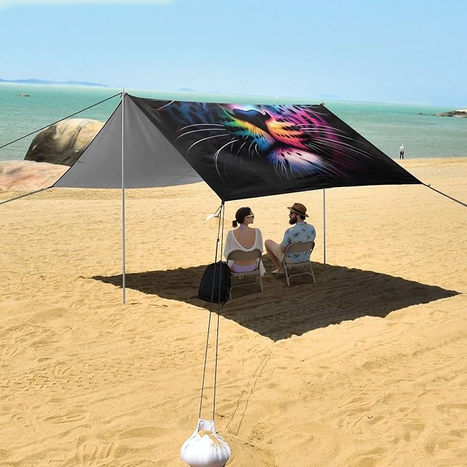 ALAZA Leopard Portrait Rainbow Color Beach Tent Sun Shelter UPF50+ Protection Beach Shade Canopy w/ 4 Sandbags for Outdoor Camping Fishing Backyard Fun Picnic 10x9 ft