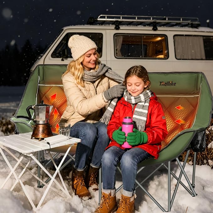 Heated Oversized Camping Chair for Adults Portable Folding Padded Chair with 3 Heat Levels Cup Holder Side Pocket and Carry Bag for Camping Outdoor Sports Picnic Green 2 Pack Set Supports up to 450lbs