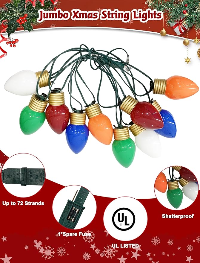 Jumbo Christmas Lights 16FT Multicolor Giant Christmas Lights with 10 5'' LED Giant Multicolor Bulb C7 Hanging Xmas Light for Patio Garden Party Outdoor Xmas Decorations